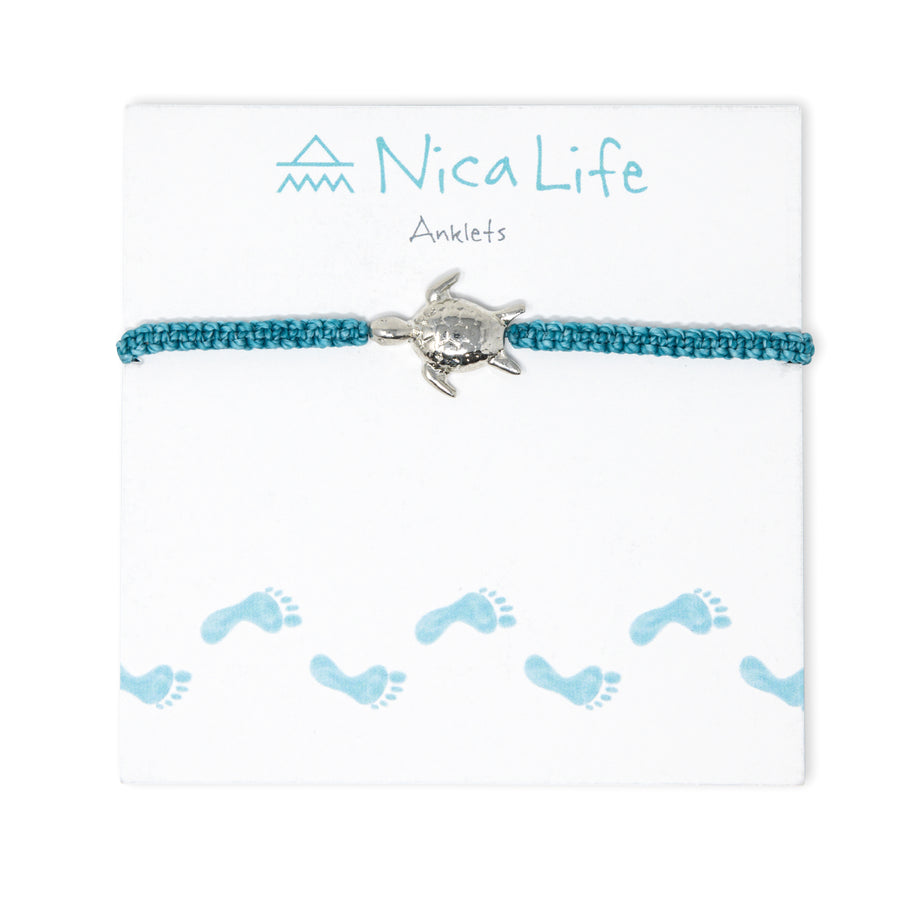 Teal Macrame & Silver Turtle Charm Anklet