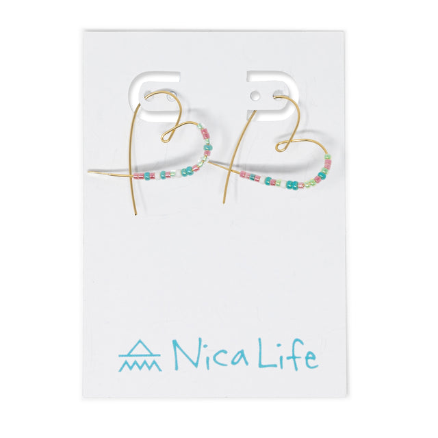 Heart Seed Bead Threader Earring Pink & Teal w/ Gold