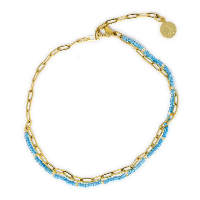 Doubled Up Anklet in Blue & Small Gold Chain