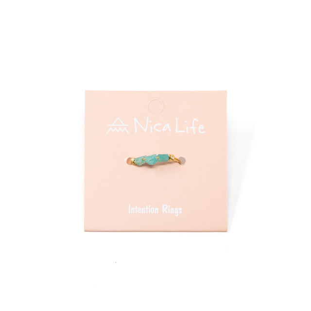 Amazonite & Gold ring on a pink Nica Life branded card