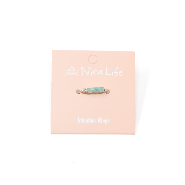 Amazonite & silver handmade ring on a pink Nica Life branded card