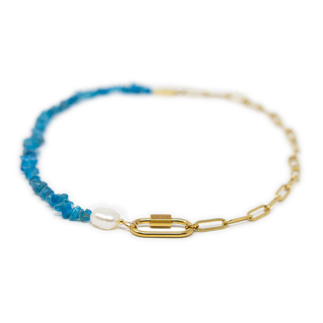 Apatite charm necklace handmade with gold chain, a pearl and a carabiner clasp for charms shown on white