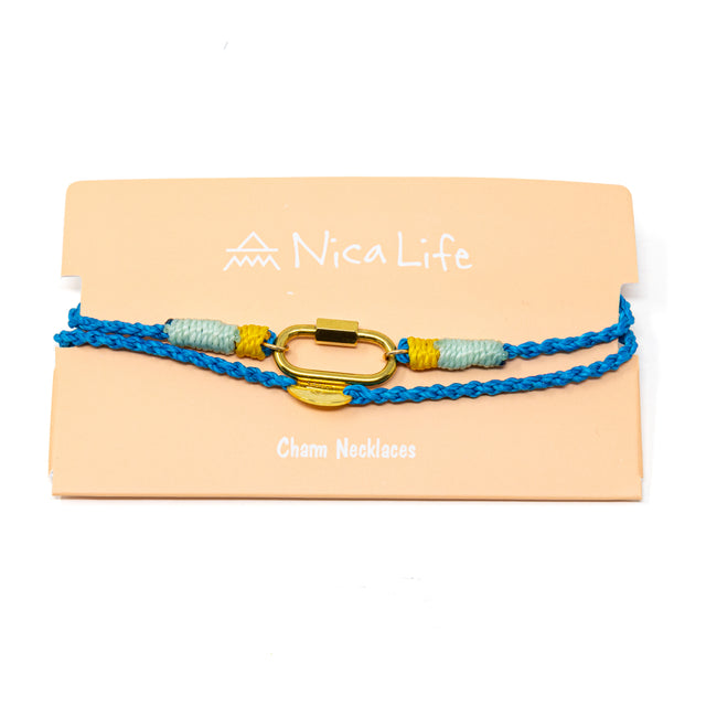 Hand braided rope charm necklace in blue with mint and yellow accents, features a carabiner clasp for charms and is shown on a Nica Life branded card