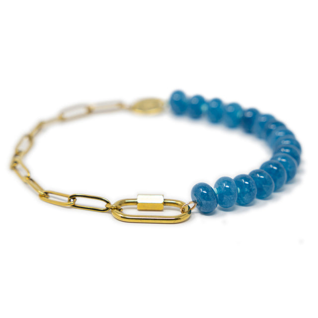 Blue stone pony bead and gold chain charm bar anklet with a gold carabiner for charms show on white front view