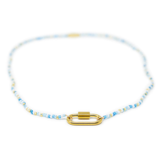 Blue colorful charm bar necklace with carabiner clasp for charms shown on white from a front view