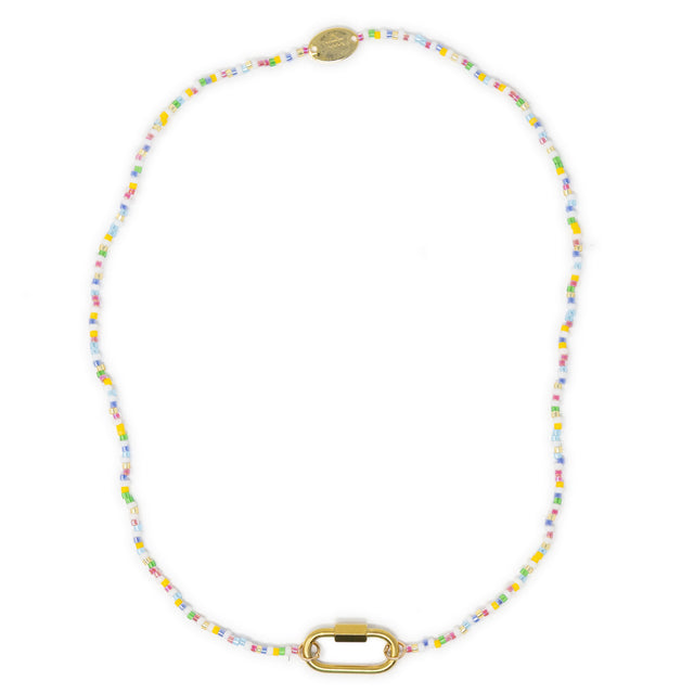 Colorful beaded charm bar base with carabiner clasp for charms on white top view