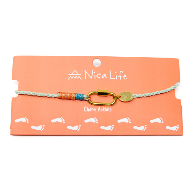 Rope anklet with carabiner clasp for charms on a Nica Life branded card with footprints, on a white background