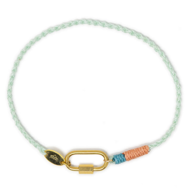 Hand braided colorful cord anklet with carabiner clasp for charms shown on white