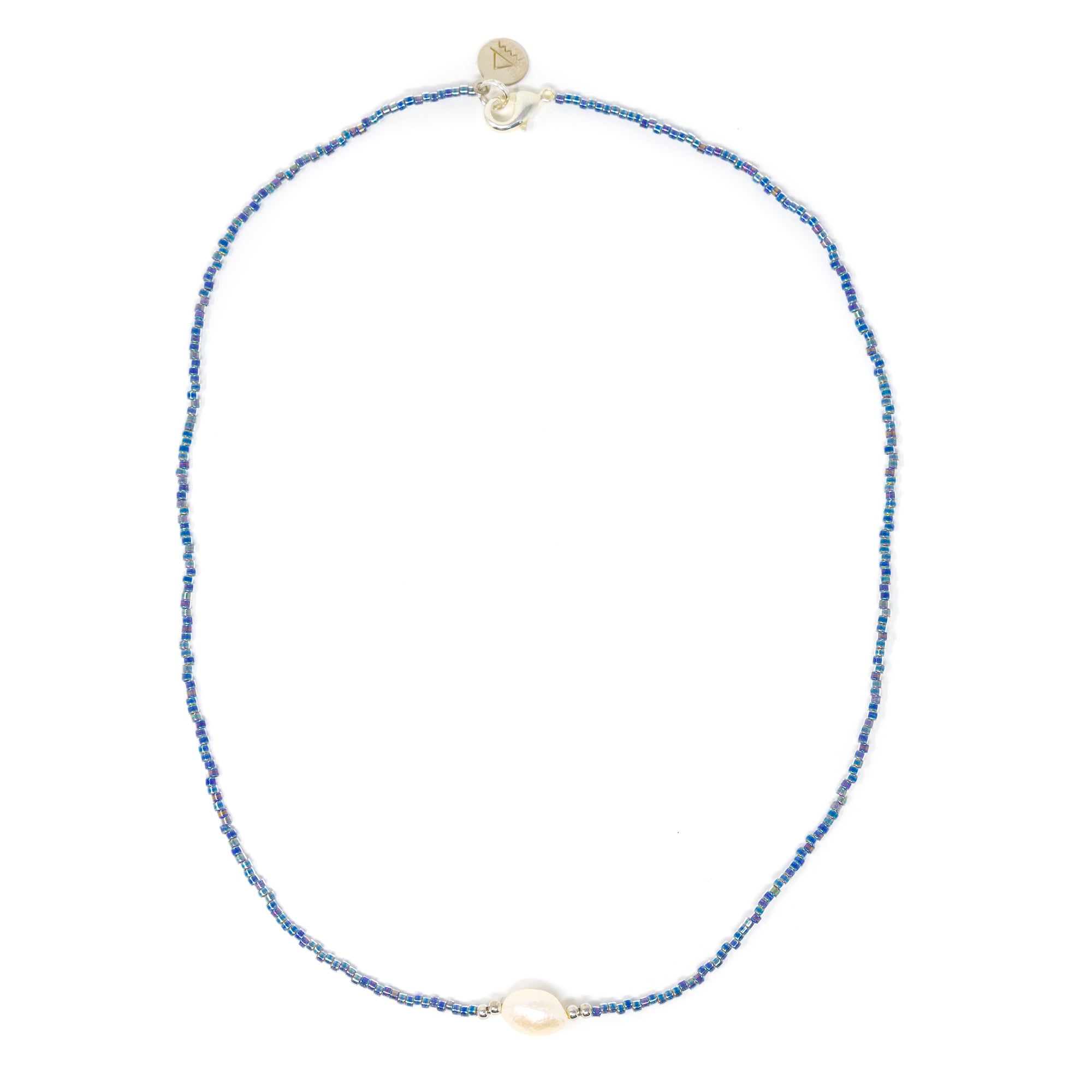 Baroque White Pearl Necklace in Marine Blue & Silver