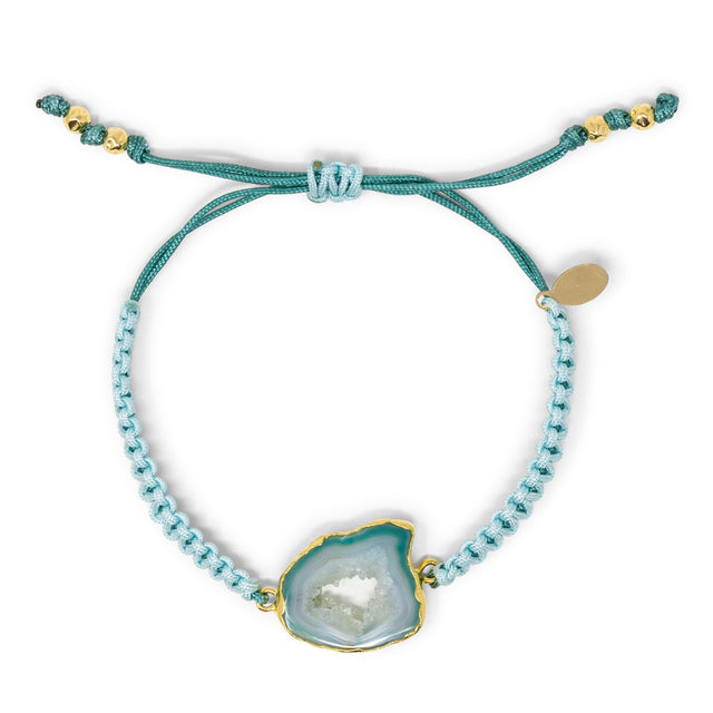 Geode Slice on Macrame Bracelet, silky aqua cord w/ Vermeil Bead