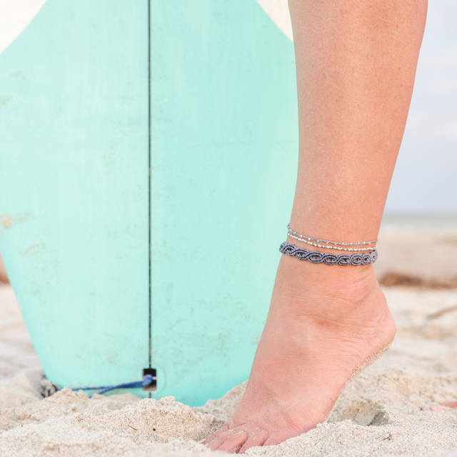 Grey Pink Teal Anklet Stack on the beach