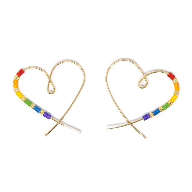 Heart Seed Bead Threader Earring Rainbow & Gold