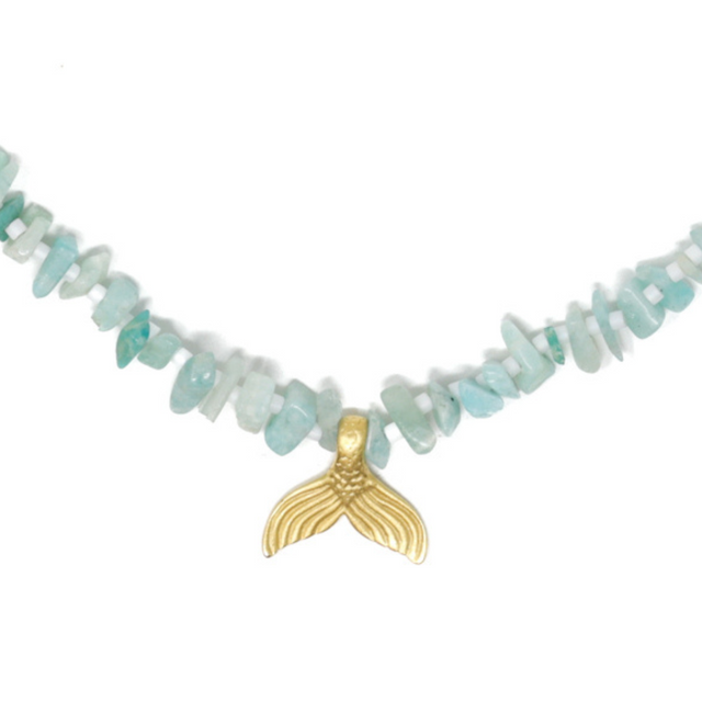 Mermaid Tail Charm Close up show on Amazonite Necklace on White