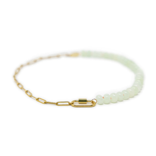 Soft mint color stone beads & gold chain charm necklace on white front view