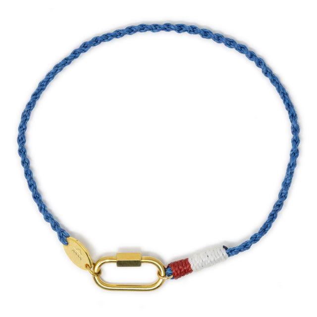 Nautical blue hand braided cord charm anklet with a carabiner clasp show on white with a top view
