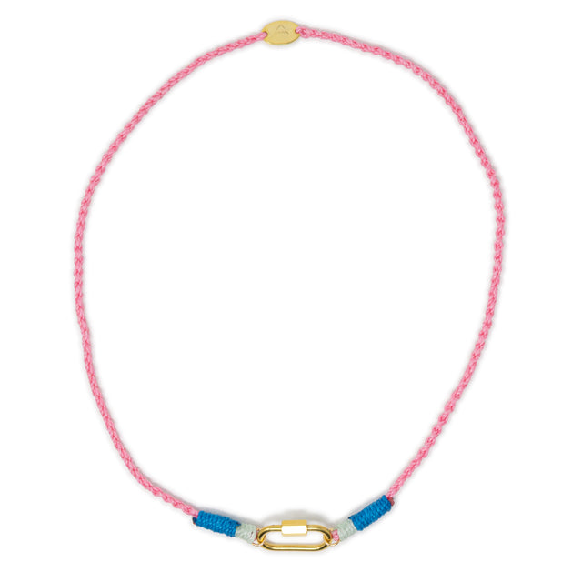 Necklace with hand braided pink and blue cord and gold carabiner clasp for charms on a white background
