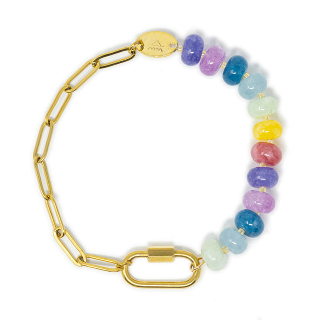 Multicolored stone beaded charm bar bracelet with gold chain and a gold carabiner for charms on a white background