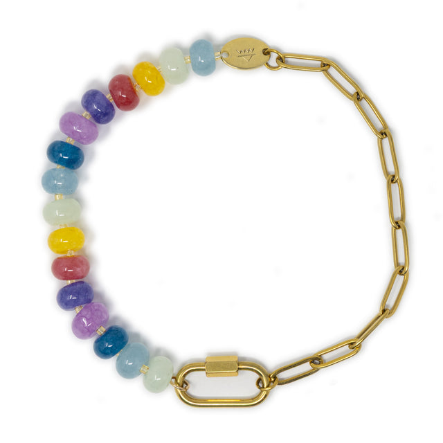 Anklet with large colorful stone pony beads and gold chain with a carabiner clasp for charms show on white top view