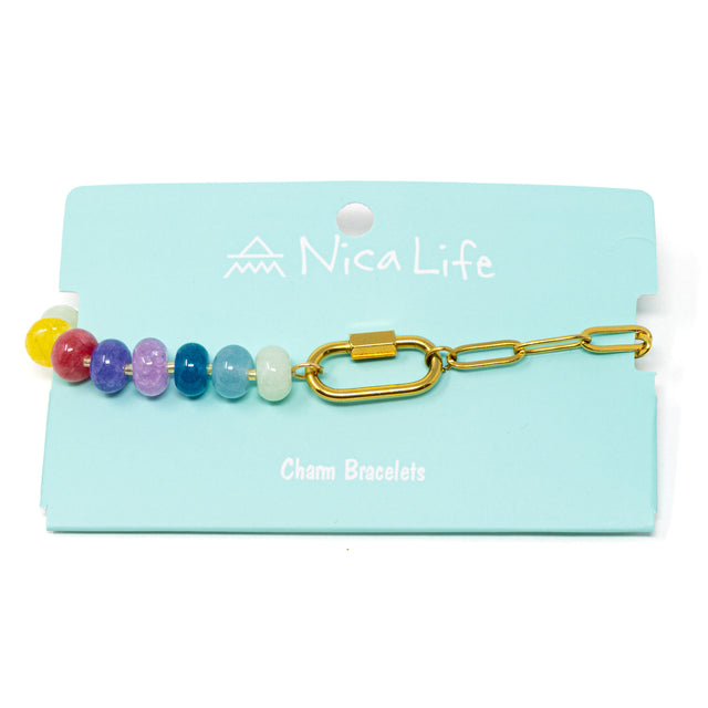 Colorful stone & chain charm bar bracelet with a carabiner clasps for charms on a teal Nica Life branded card