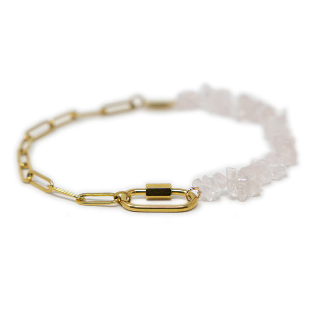 Anklet with gold chain and rose quartz stone beads with a carabiner clasp for charms on a white background