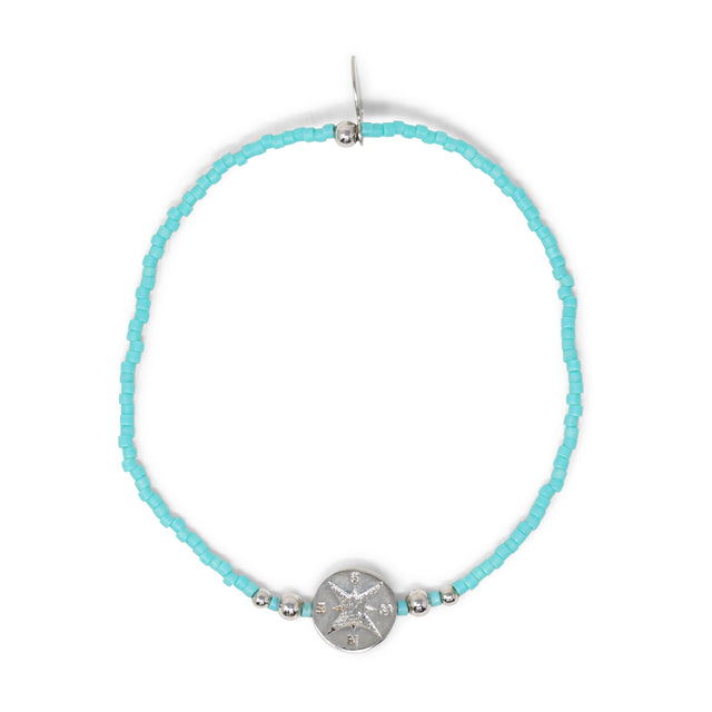 Teal & Silver Compass Charm Stretch Bracelet