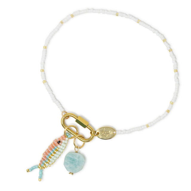 White and gold beaded charm bar anklet with a colorful fish charm & a large amazonite charm on carabiner clasp, shown on white.