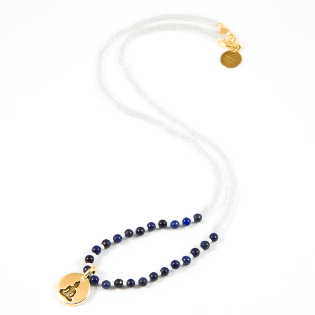 White w/ Blue Lapis Stone Buddha Charm Necklace