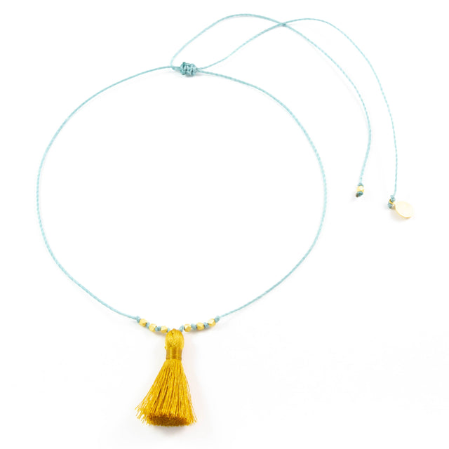 Stormy Ocean w/ Mustard Tassel On a String Necklace in Gold