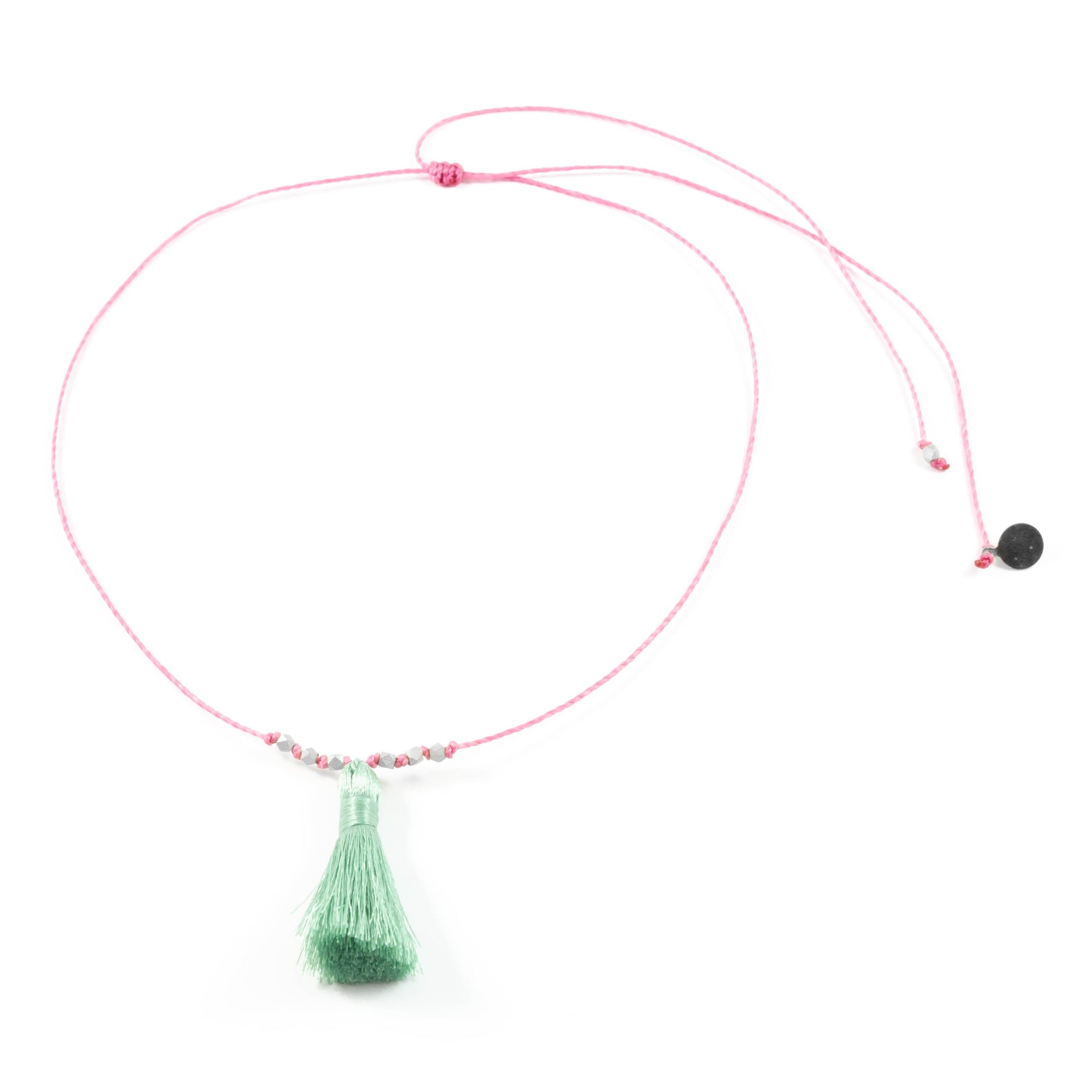Rose w/ Cucumber Tassel On a String Necklace in Silver
