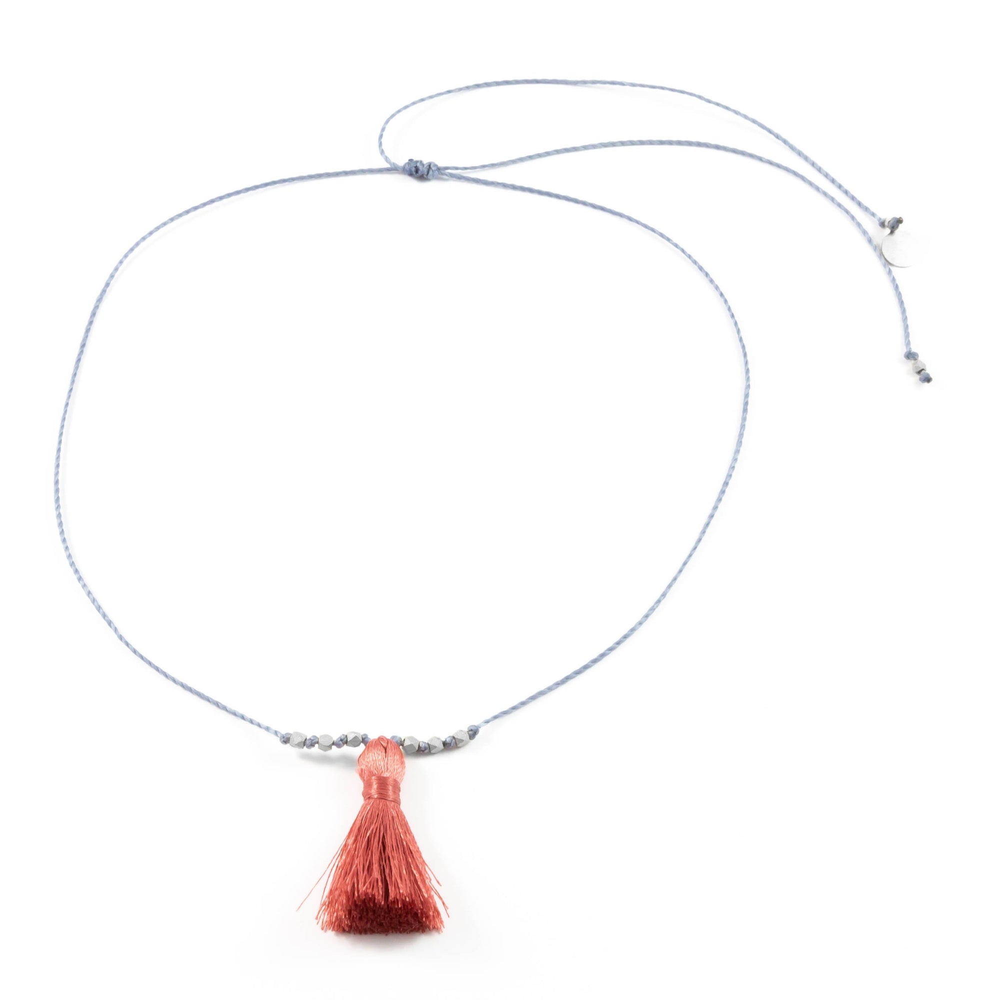 Denim w/ Rose Tassel On a String Necklace in Silver