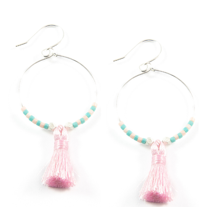 Sunset Pink Hoop Tassel Earrings in Silver