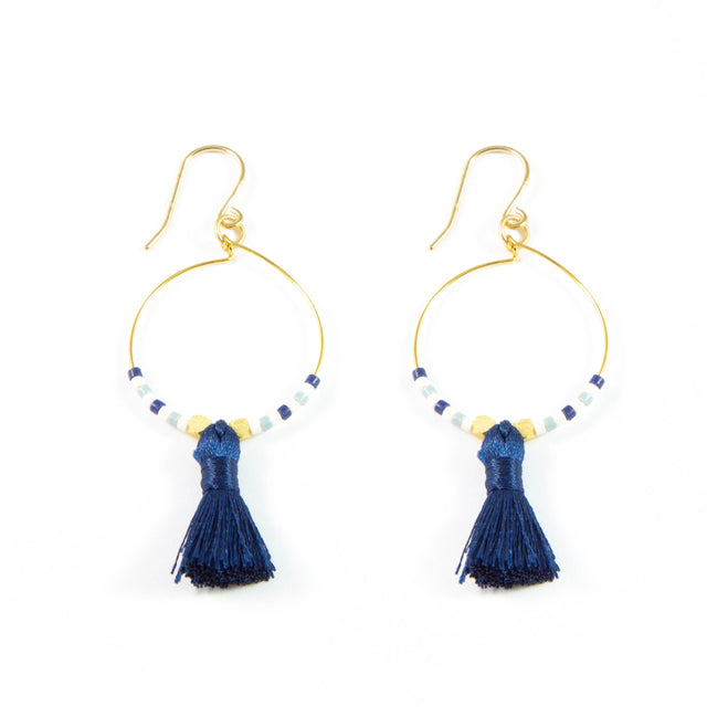 Blues w/ Navy Hoop Tassel Earrings in Gold