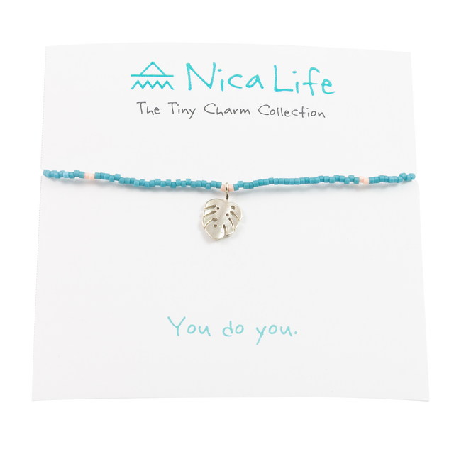 Turquoise & Coral Palm Leaf Tiny Charm Necklace in Silver