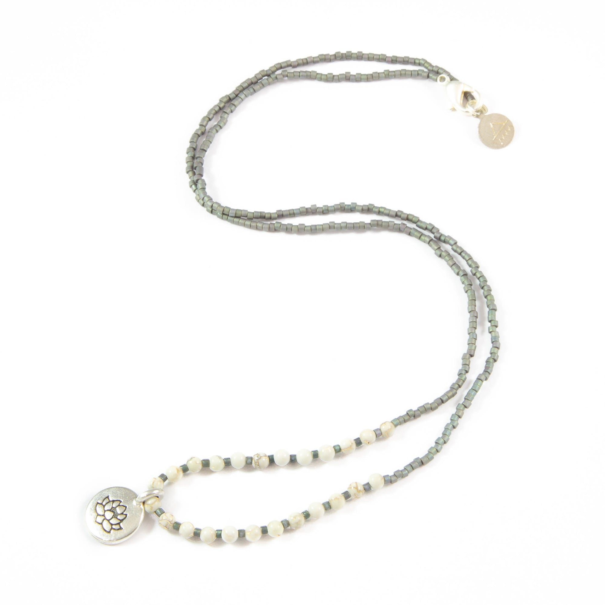 Denim w/ White Turquoise Stone Lotus Charm Necklace in Silver