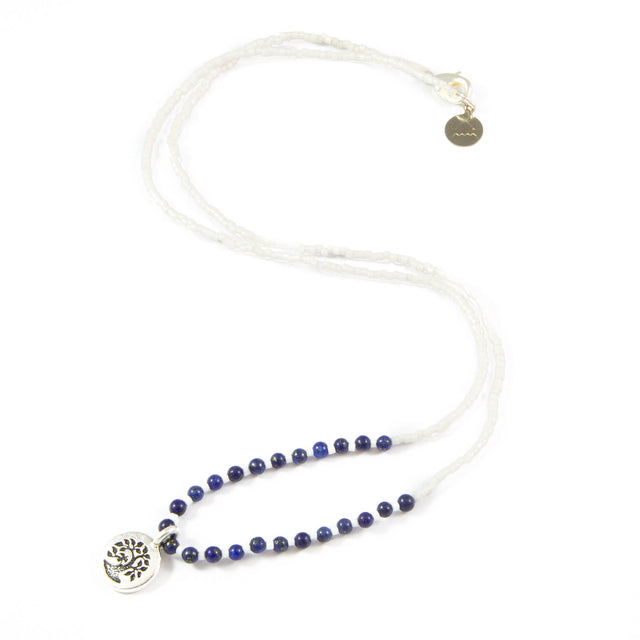 White w/ Blue Lapis Stone Tree Charm Necklace in Silver