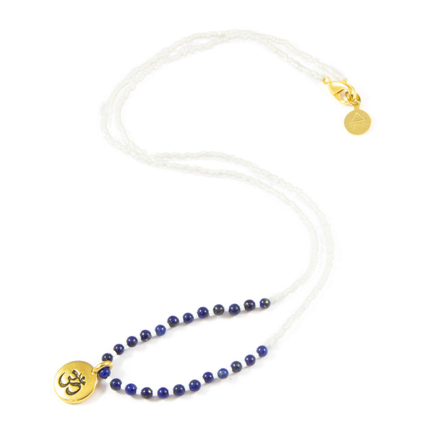 White w/ Blue Lapis Stone Om Charm Necklace