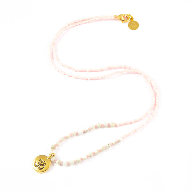 Coral w/ White Turquoise Stone Om Charm Necklace