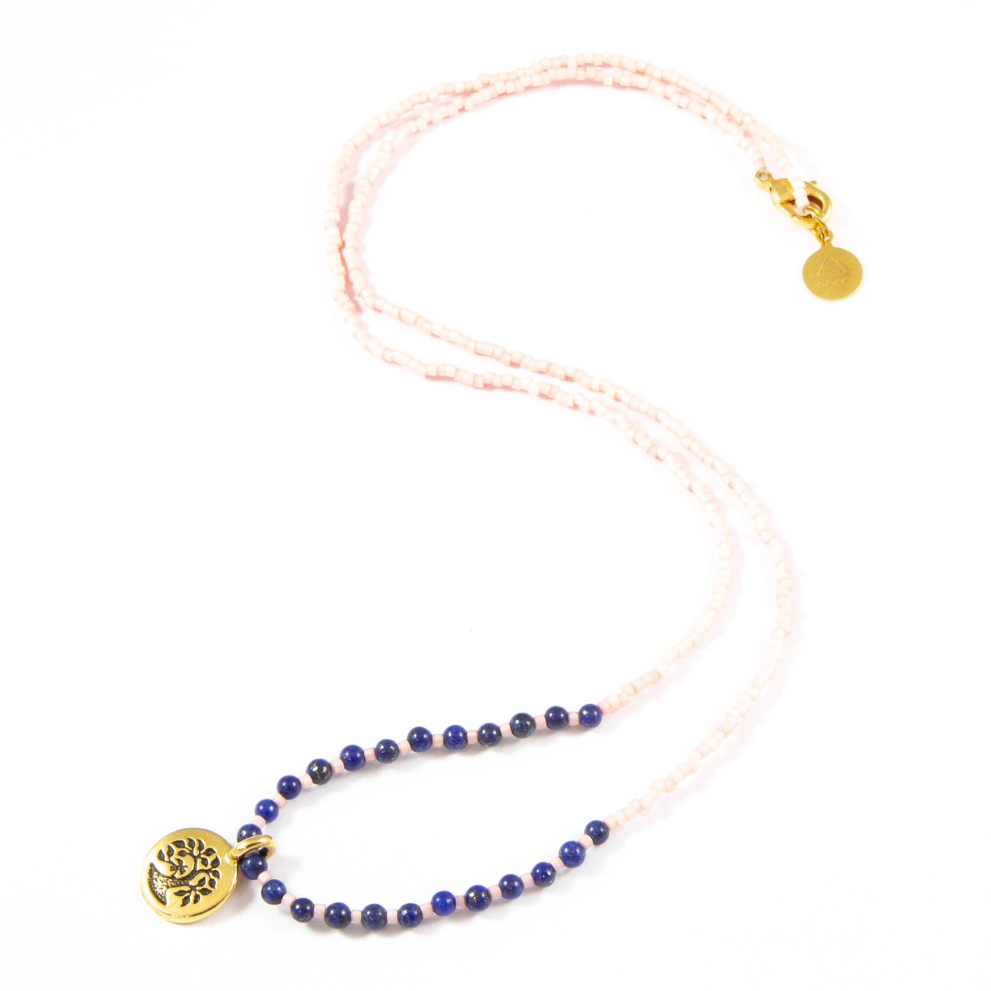 Coral w/ Blue Lapis Stone Tree Charm Necklace
