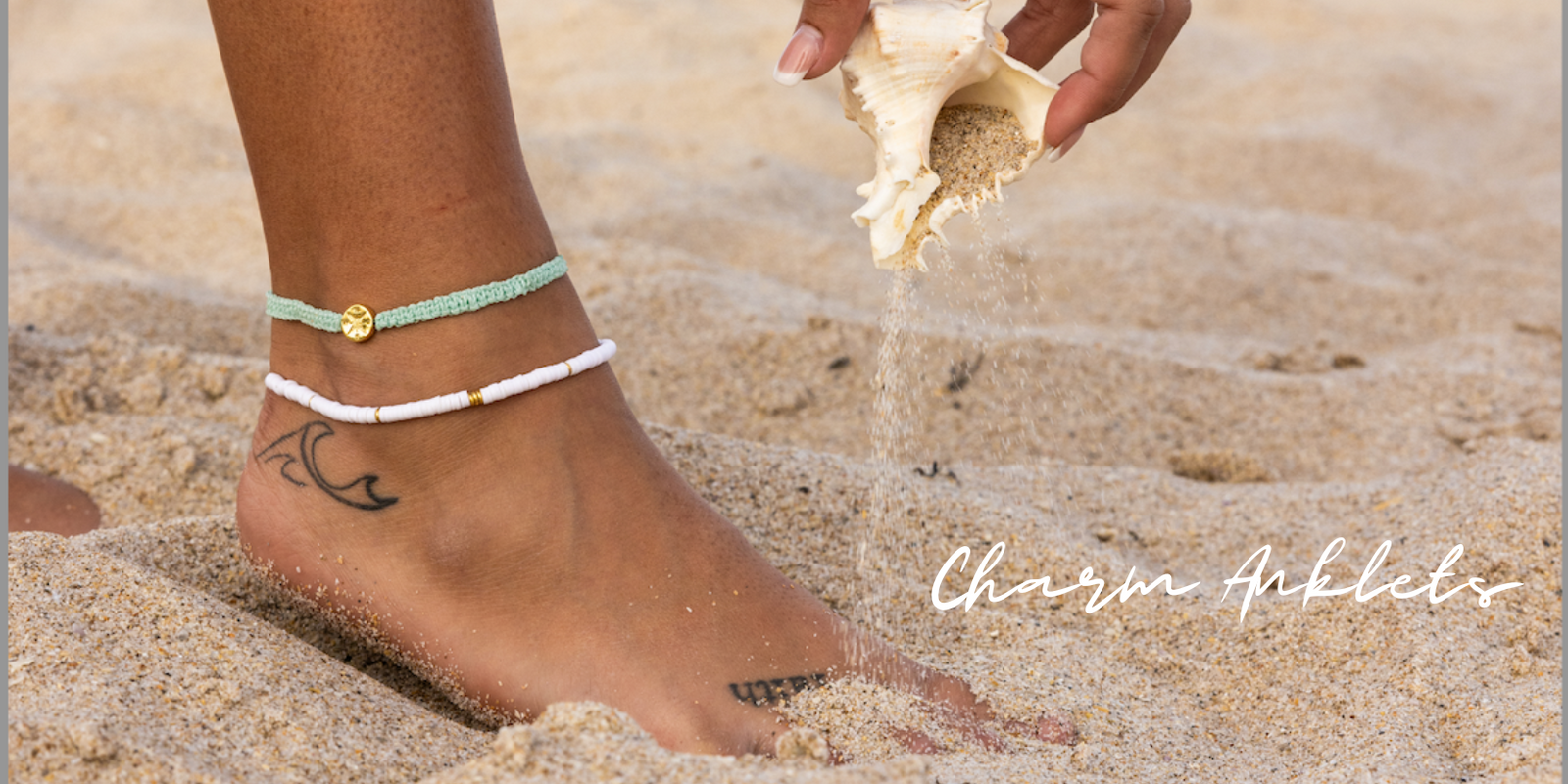 Charm Anklet, compass charm anklet picture shows on an anklet on the beach