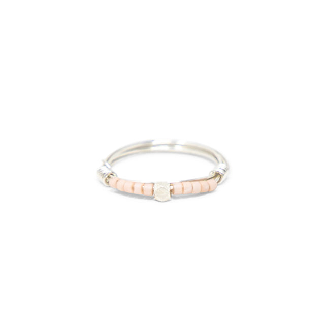 Coral & Silver Seed Bead Ring