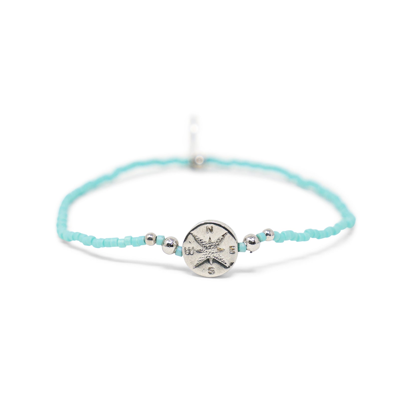 Teal & Silver Compass Charm Stretch Bracelet