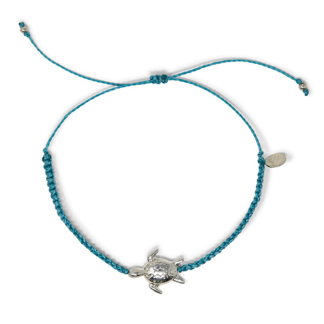 Teal Macrame & Silver Turtle Charm Anklet