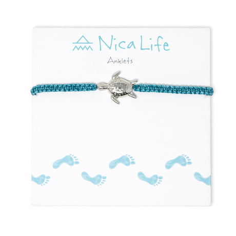 Teal Macrame & Silver Turtle Charm Anklet