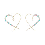 Heart Seed Bead Threader Earring Pink & Teal w/ Gold