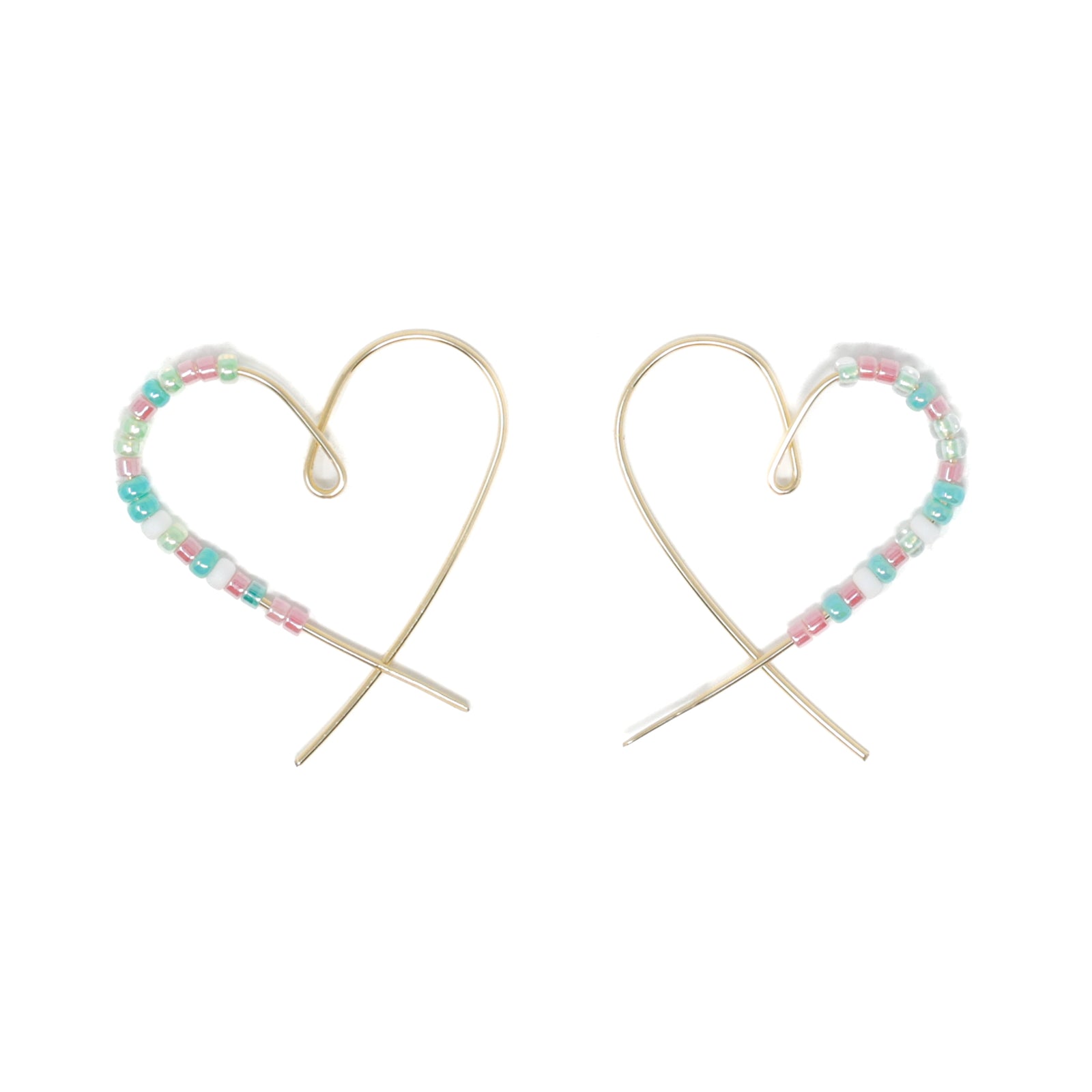 Heart Seed Bead Threader Earring Pink & Teal w/ Gold