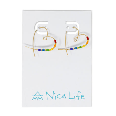 Heart Seed Bead Threader Earring Rainbow & Gold