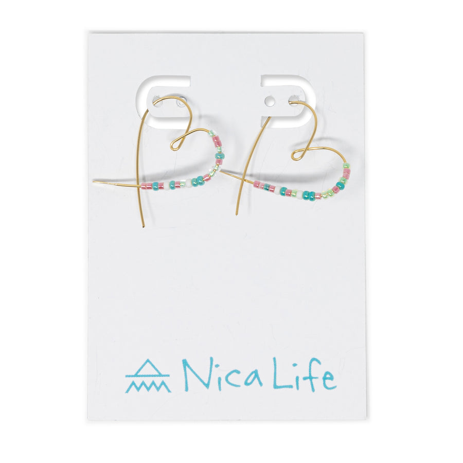 Heart Seed Bead Threader Earring Pink & Teal w/ Gold