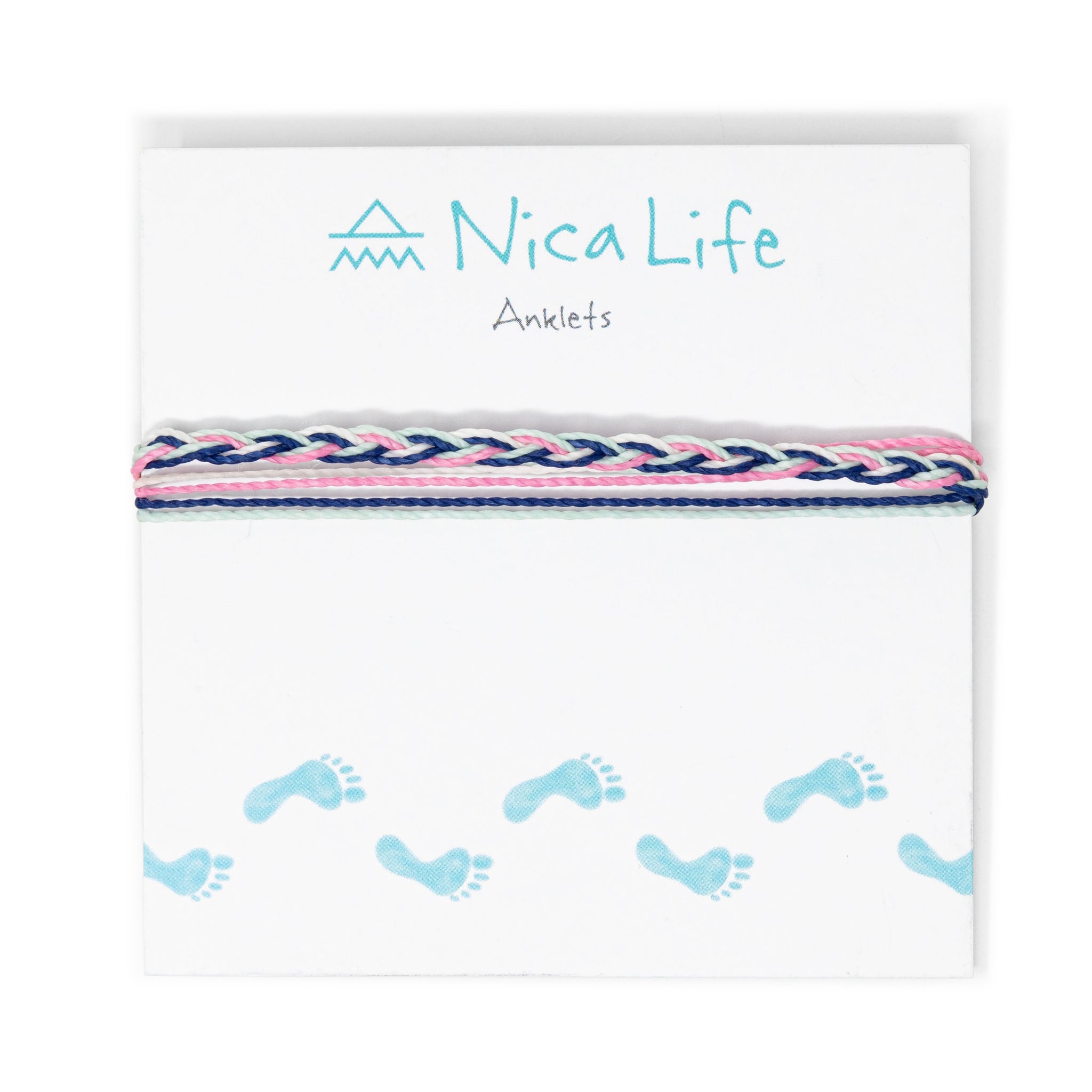 Braided String Bracelet (Navy, Pink, Mint) on Card