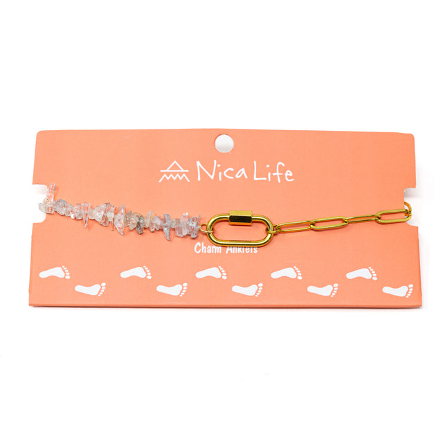 Charm anklet handmade with gold chain & aquamarine beads with a gold carabiner clasp on Nica Life branded card