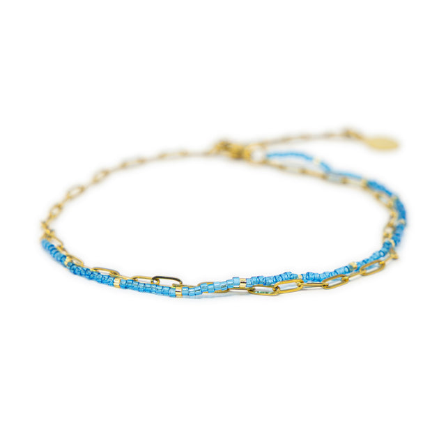 Doubled Up Anklet in Blue & Small Gold Chain